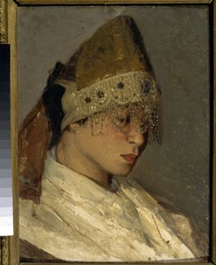 Kokochnik (A Girl With Kokoshnik) を着た少女。 ロシア女性の伝統的な頭飾りで、後ろをリボンで結び、前はビーズと刺繍で飾られています。 Mikhail Vasilyevich Nesterov (1862-1942) による絵画、木に油彩