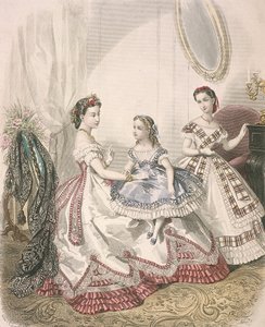 最新のインドア ファッションを着た 2 人の女性と小さな女の子、c1860 作： Millia Lacouriere