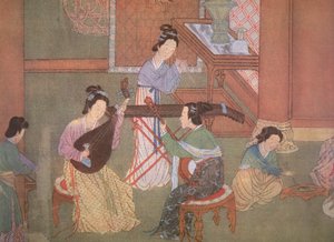 中国のリュート、ムーンギター、テーブルチター（シルクに絵画 作： Ming Dynasty Chinese School