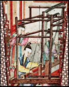 シルクを織る様子を描いた花瓶（陶器）の細部 作： Ming Dynasty Chinese School