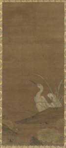 サギと水生植物（シルクのインクと色）