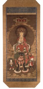 獅子に乗った摩尼寿利菩薩、14世紀後半、絹本、墨、彩色、金彩 作： 明代中国学校