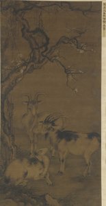 16〜17世紀の開花梅の木の下の3つのヤギ