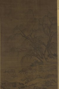 柳の木の下の水牛と付添人