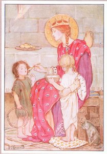 彼女は一人ずつ、小さな孤児たちに自分の金のスプーンのリトグラフを食べさせた. 作： Minnie Didbin Spooner