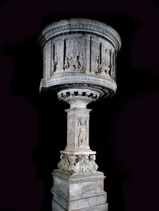ルネッサンス美術。ミノ・ダ・フィエーゾレ（1429-1484）とアントニオ・ロッセリーノ（1427-1479）が彫刻したパスクィーノ・ディ・マッテオ（1425-1485）の椅子（白大理石の説教壇（1469-1473）、アントニオ・ロッセリーノとミノ・ダ・フィエーゾレのレリーフ付き 作： Mino da Fiesole