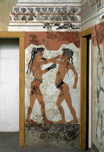 ミノア美術。"fighting between two boxers" アクロティリからサントリーニまでのフレスコ画。紀元前16世紀。アテネ、国立考古学博物館