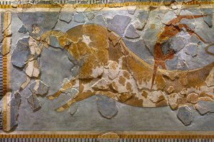雄牛跳躍のフレスコ画のディテール。 クノッソスで発見 作： Minoan