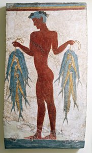 ギリシャ文明、漁師を描いたフレスコ画、ギリシャ、サントリーニ島テラ島アクロティリより（フレスコ画 作： Minoan