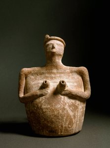 ミノア美術：胸を支える女性の形をしたテラコッタ製花瓶。クレタ島のピスコケファロの聖域より。紀元前1700-1450年。エラクリオン、考古学博物館 作： Minoan