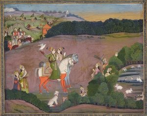 ハヤブサのためのバズバハドゥールとルプマティの狩猟。 1735年頃