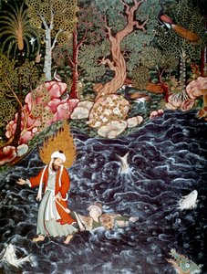 ヌール・アド・ダール王子を救出する預言者エリヤ、1562～1577年。 作： Mir Sayyid Ali
