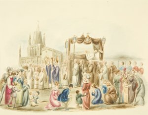 St Mary Redcliffeの外で行われたWilliam Canyngesの葬儀 作： Miss Martha Bird