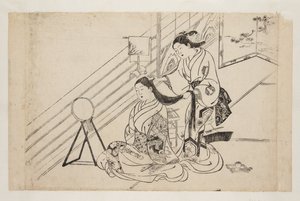 髪を梳く女性（カラー木版画