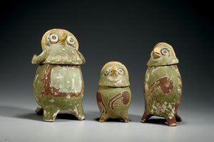 3つのMixtecポリクロームテラコッタ彫像船、c.900-1200