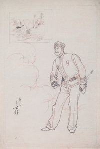 日清戦争中の日本海軍将校を描いた木版画の下絵 作： Mizuno Toshikata