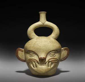 猫の頭の形をした容器、AD 100-800（スリップ付きの陶器） 作： Moche Moche