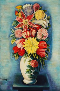 花：ダリア、チューリップ、ユリ、ブーケ・ド・フルール：ダリア、チューリップ、ユリ、リリウム 作： Moise Kisling