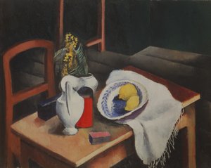 緑の背景にレモンのある静物 作： Moise Kisling
