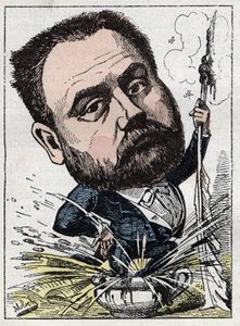 エミール・ゾラ（1840-1902）の肖像（トゥチャウト作『トロンビノスコープ』）、1882年のB・モロク（1849-1909）による風刺画。個人蔵。