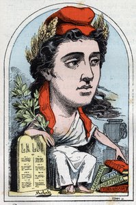1882年にB.モロク（1849-1909）が描いた漫画、トゥータウトの「トロンビノスコープ」に登場する「共和国のアレゴリー（マリアンヌ）」。個人蔵。 作： Moloch