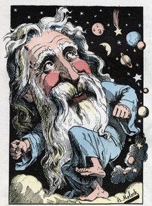 1882年のB.モロク（1849-1909）による漫画、トゥータウトの「トロンビノスコープ」における神のアレゴリー。個人蔵。