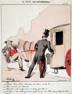 HE.EX.EX.モータードン。都会の交通手段の漫画。あるブルジョワが馬車の運転手に街まで連れて行ってくれと頼むが、自由であるがゆえに断られたことに驚き、その理由を尋ねる。運転手は、自分の選択が自由であるからこそ、断ることができるのだと言う。 作： Moloch