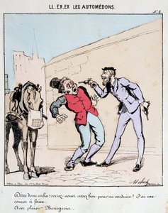 HE.EX.EX.モータードン。都会の交通機関の漫画。ブルジョワが銃で脅しながら馬車屋に丁寧に運転を頼んでいる。モロク（1849-1909）が1860年頃に描いたもの。 作： Moloch