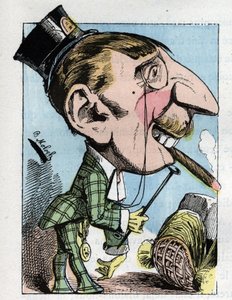 1882年にB.モロク（1849-1909）が描いた風刺画、Touchatoutの「Le Trombinoscope」に登場する、とんでもないエレガンスを持ち、嘲笑を浴びるような「グミ」の青年の肖像。個人蔵。 作： Moloch
