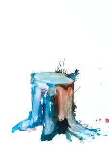 青い芽、2020年（ボッキングフォード紙にインク、ビートジュース、水彩画） 作： Monica Perez Vega