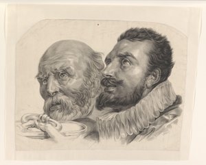 鍵を提供する 2 人の男性の頭 作： Monogrammist AC