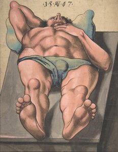 テーブルの上に横たわる男性のヌード、1567年。 作： Monogrammist AW