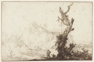 前景に裸の木がある山岳風景 作： Monogrammist BVB