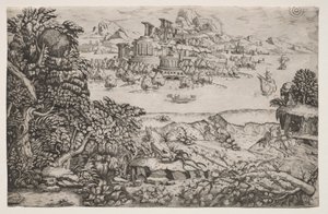 湖の上の寺院のある風景、16 世紀。 作： Monogrammist HI