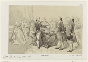 ウィレム 5 世は 1781 年、ドッガー バンクでの海戦の英雄を崇拝します。 作： Monogrammist IHM
