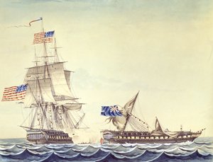 米フリゲート艦コンスティテューションと英フリゲート艦ジャワの交戦（水彩・紙）