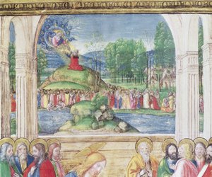 Ms 542 f.3vモーセは、フィレンツェのバディアフィオレンティーナ教会のドンアッピアーノによって書かれた詩篇から、法典のタブレットを神から受け取った。1514〜15年、詳細は78840 作： Monte di Giovanni del Fora