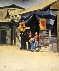 生まれたばかりの赤ちゃんが初めて神社にお参りする様子 作： Mortimer Ludington Menpes