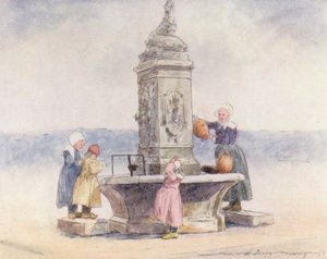 噴水にて、コンカルノー（カラーリトグラフ） 作： Mortimer Ludington Menpes
