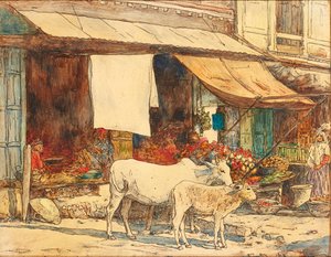 インドの果物屋台の外の牛（ペンとインクと水彩） 作： Mortimer Ludington Menpes
