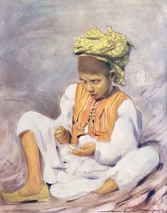 世界の子供たちインディアン、ビーズを通す（カラーリトグラフ） 作： Mortimer Ludington Menpes