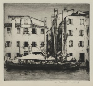 運河、ベネチアン島のボート 作： Mortimer Menpes