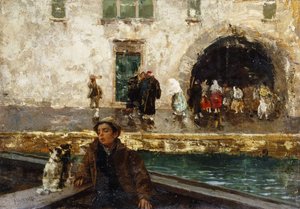 運河でボートに乗っている少年 作： Mose Bianchi