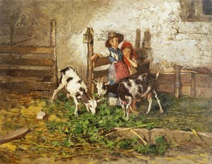 納屋の子供と山羊、 作： Mose Bianchi