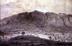 ダーウェントウォーターとケズィックのヴェイルのパノラマビュー、山の詳細、1772年頃（紙に鉛筆とウォッシュ）（92086-90参照） 作： Moses (attr. to) Griffith