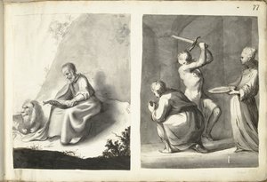 荒野の聖ヒエロニムスと洗礼者ヨハネの斬首 作： Moses ter Borch (signed by artist)