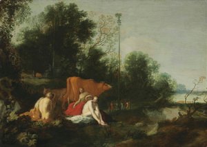 ドイツ語：バーデンのパンとニンフ 土竜とニンフと牛のいる風景 作： Moses van Uyttenbroeck