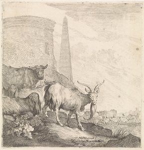 オベリスクのある丸い塔の近くのヤギと牛 四つ足の動物（シリーズタイトル） 作： Moyses van Wtenbrouck