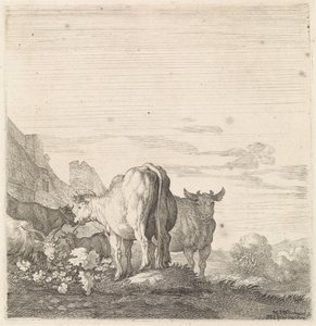家のある風景の中の牛と山羊 四つ足の動物（シリーズタイトル） 作： Moyses van Wtenbrouck