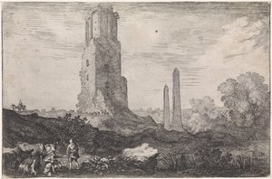 2 つのオベリスクと「Torre delle Militia」のある風景 アルカディアの風景 (連載タイトル) 作： Moyses van Wtenbrouck